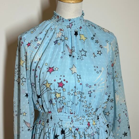 Torrid Blue Stars Mini Blouson Sleeve Mock Neck Skater Dress Sz 00 (M/L 10) - Picture 3 of 11